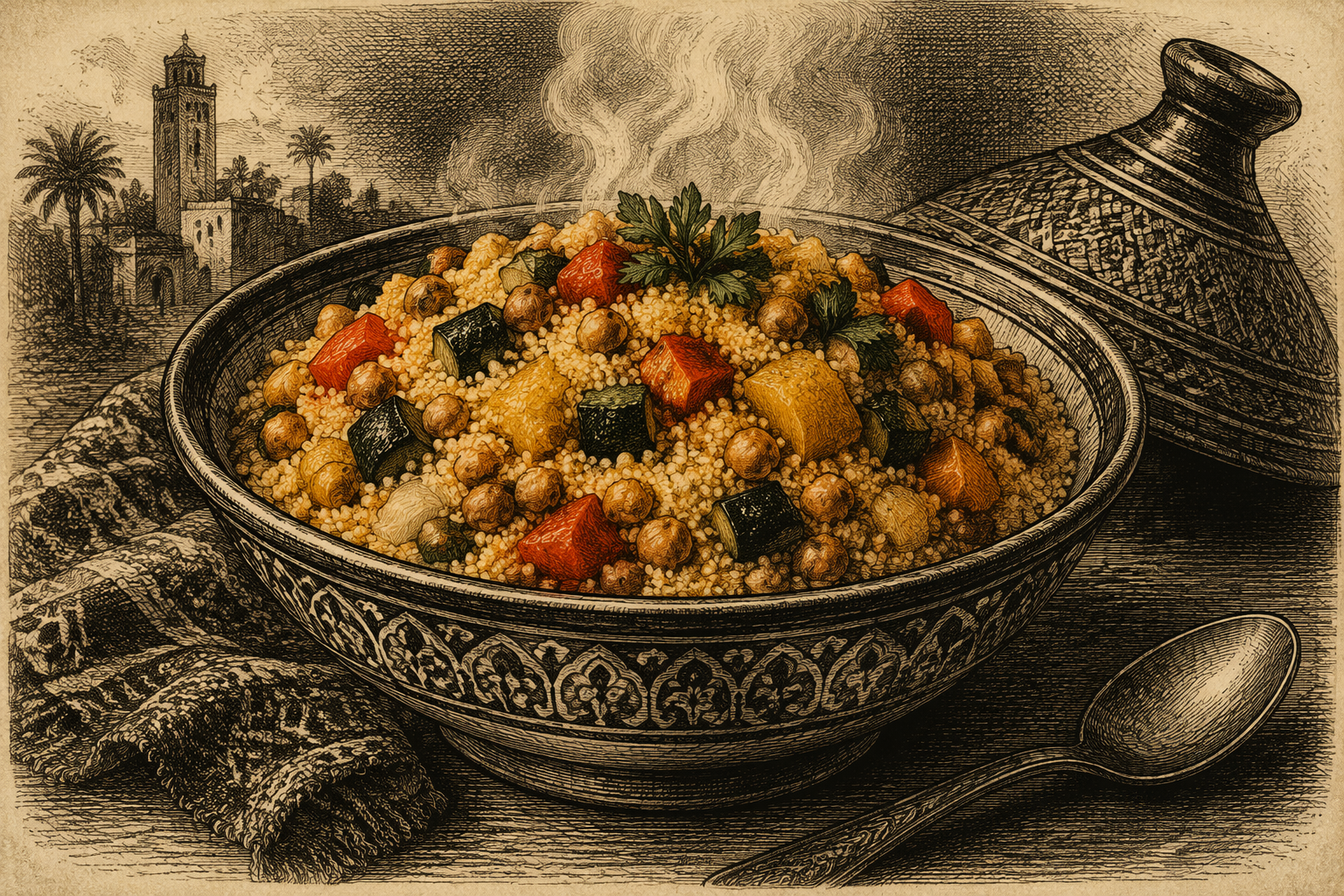 Höyryävä couscous-annos kasviksilla Höyryävä couscous-annos kasviksilla