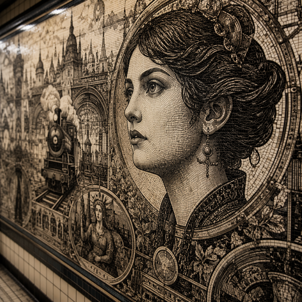 Yksityiskohtainen mosaiikkitaideteos metroaseman seinässä Yksityiskohtainen mosaiikkitaideteos metroaseman seinässä