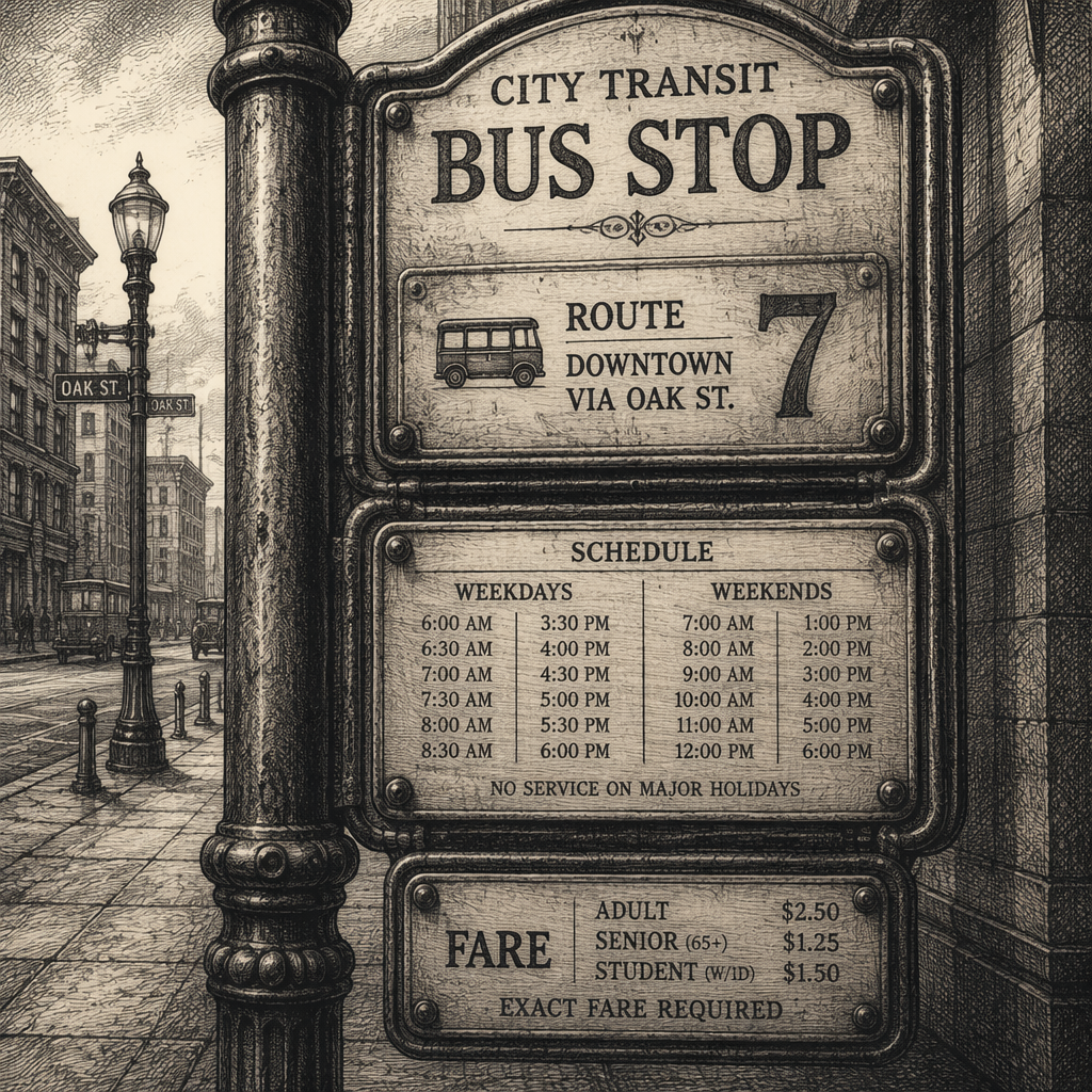Bussipysäkin merkki ja aikataulut kaupungin jalkakäytävällä Bussipysäkin merkki ja aikataulut kaupungin jalkakäytävällä