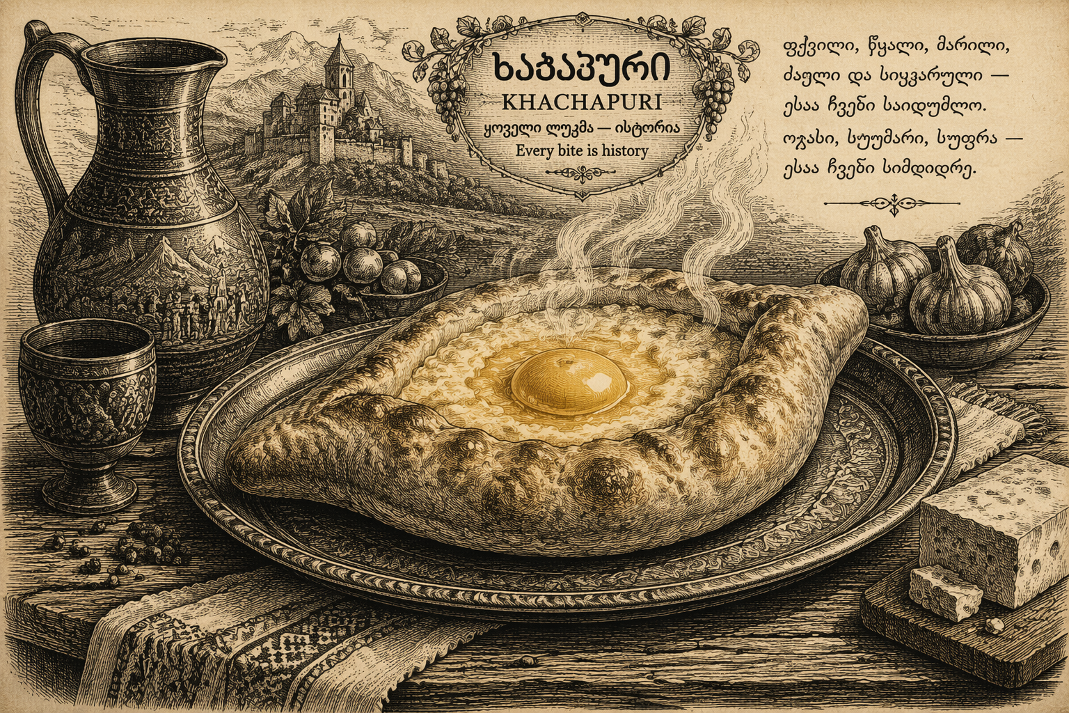 Juustotäytteinen khachapuri-leipä puupöydällä Juustotäytteinen khachapuri-leipä puupöydällä