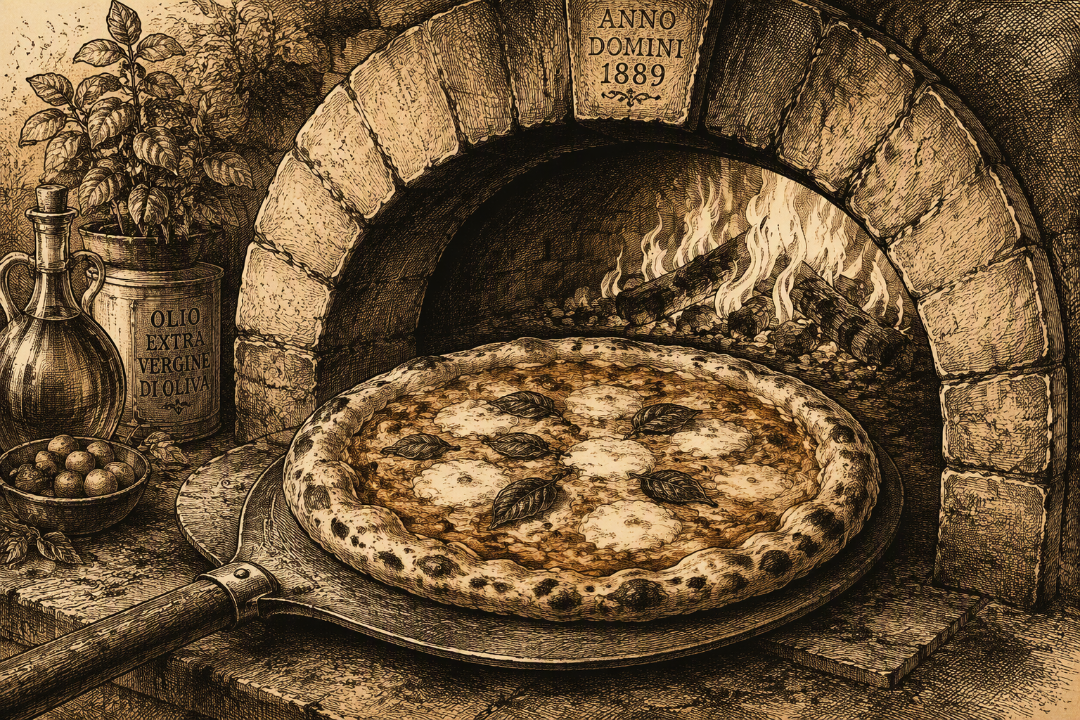 Aito italialainen pizza paistumassa kuumassa kiviuunissa Aito italialainen pizza paistumassa kuumassa kiviuunissa