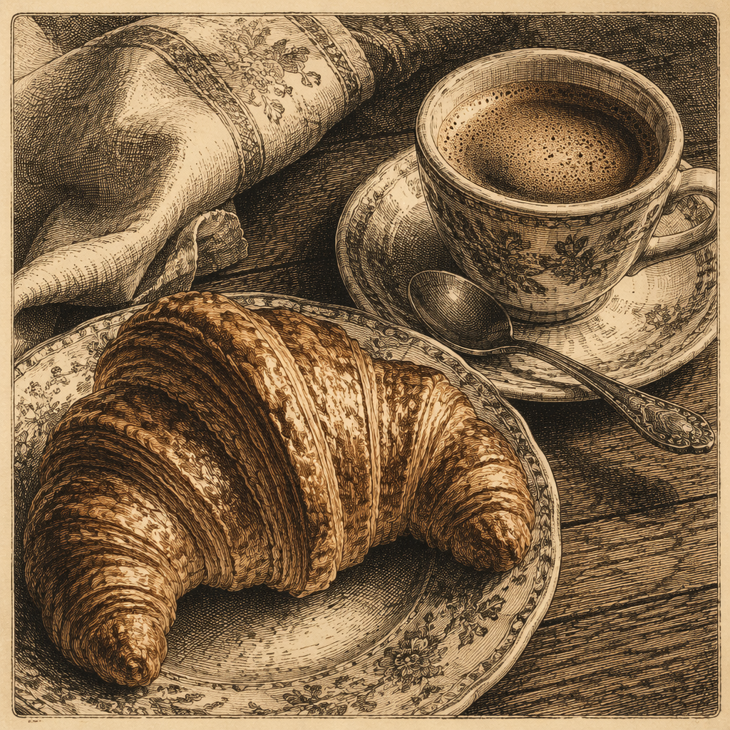 Tuore croissant ja kahvikuppi lautasella Tuore croissant ja kahvikuppi lautasella