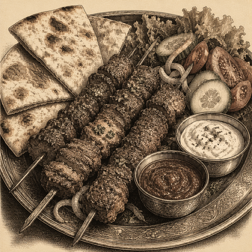 Lautasellinen kebabia lisukkeineen Lautasellinen kebabia lisukkeineen