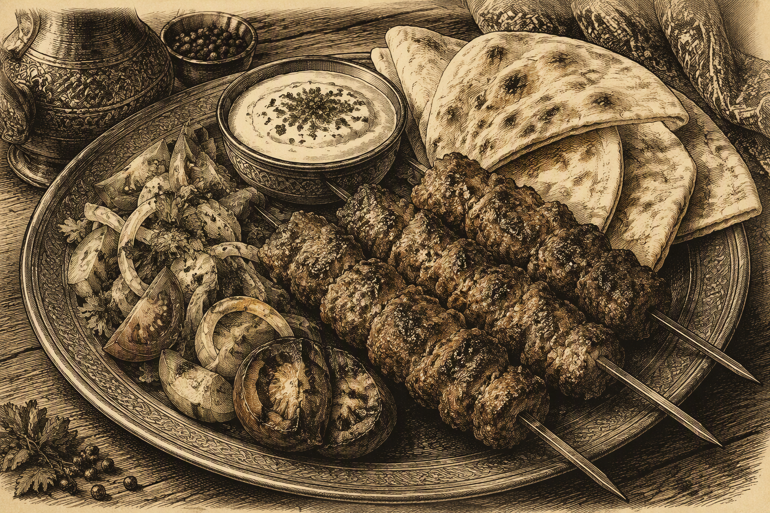 Herkullinen kebab-annos lautasella