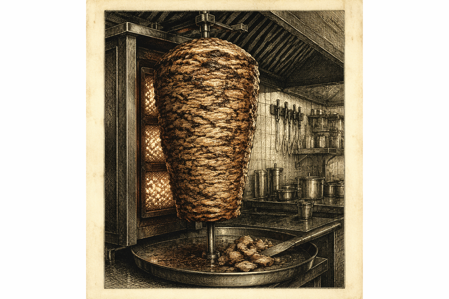 Pyörivä kebab-vartas ravintolan keittiössä Pyörivä kebab-vartas ravintolan keittiössä