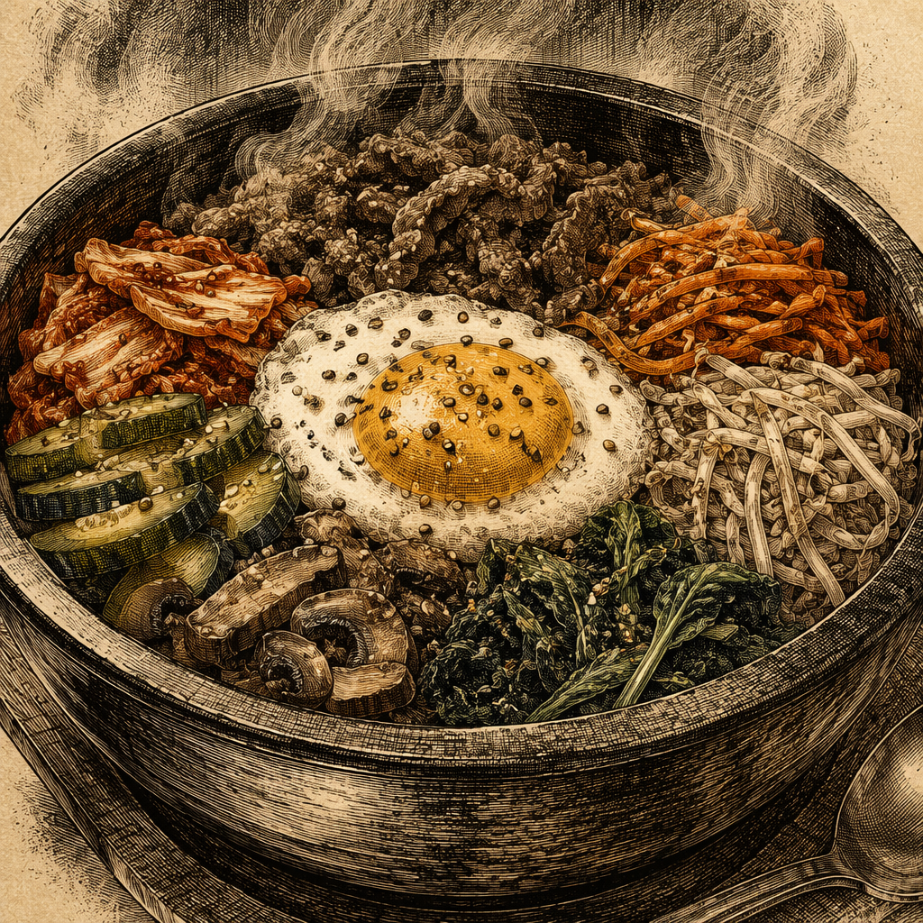 Höyryävä bibimbap-kulho vihanneksilla ja kananmunalla Höyryävä bibimbap-kulho vihanneksilla ja kananmunalla