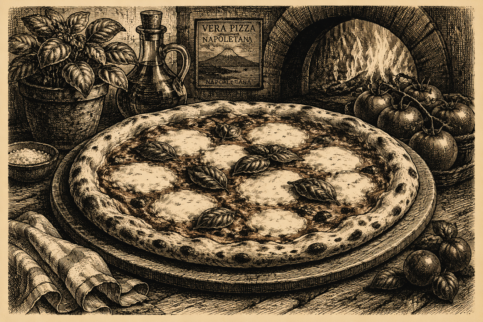 Tuore Margherita-pizza puupöydällä