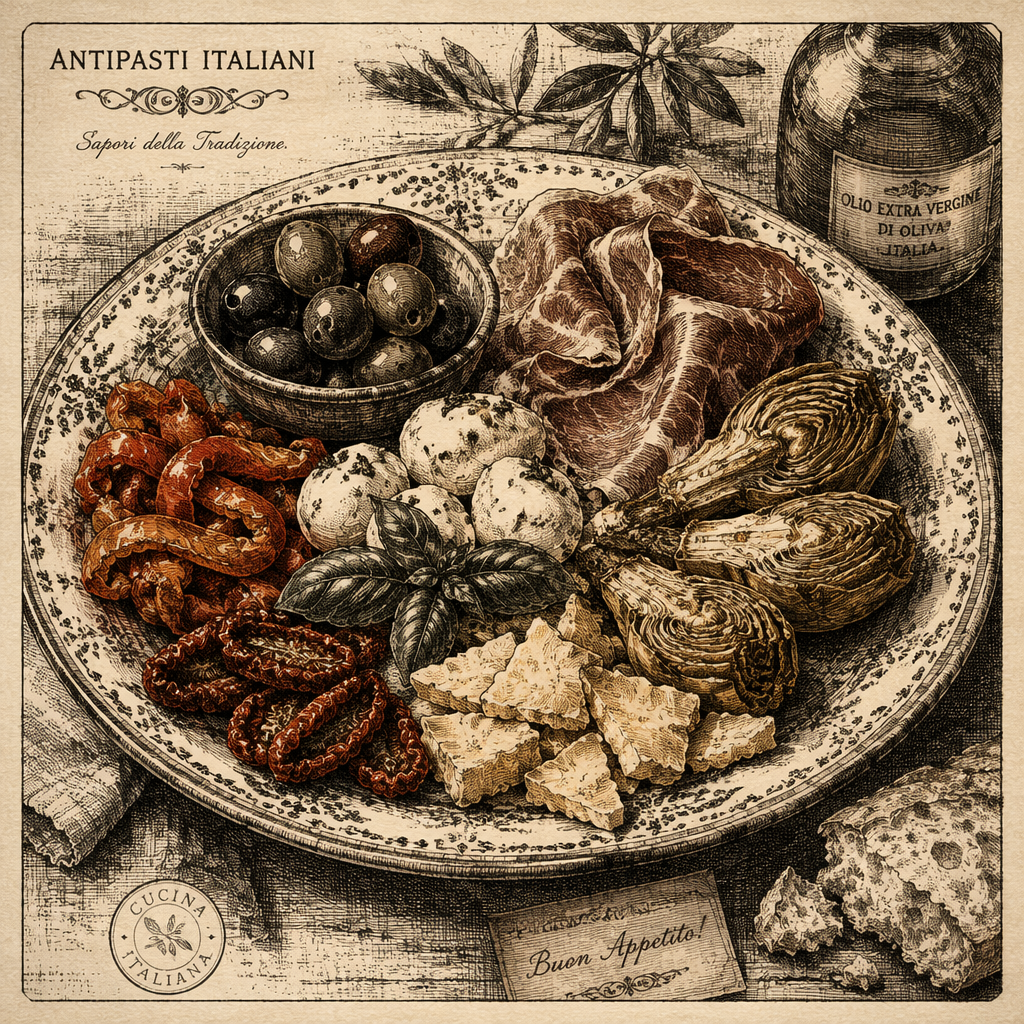 Lajitelma italialaisia alkupaloja keraamisesella vadilla Lajitelma italialaisia alkupaloja keraamisesella vadilla