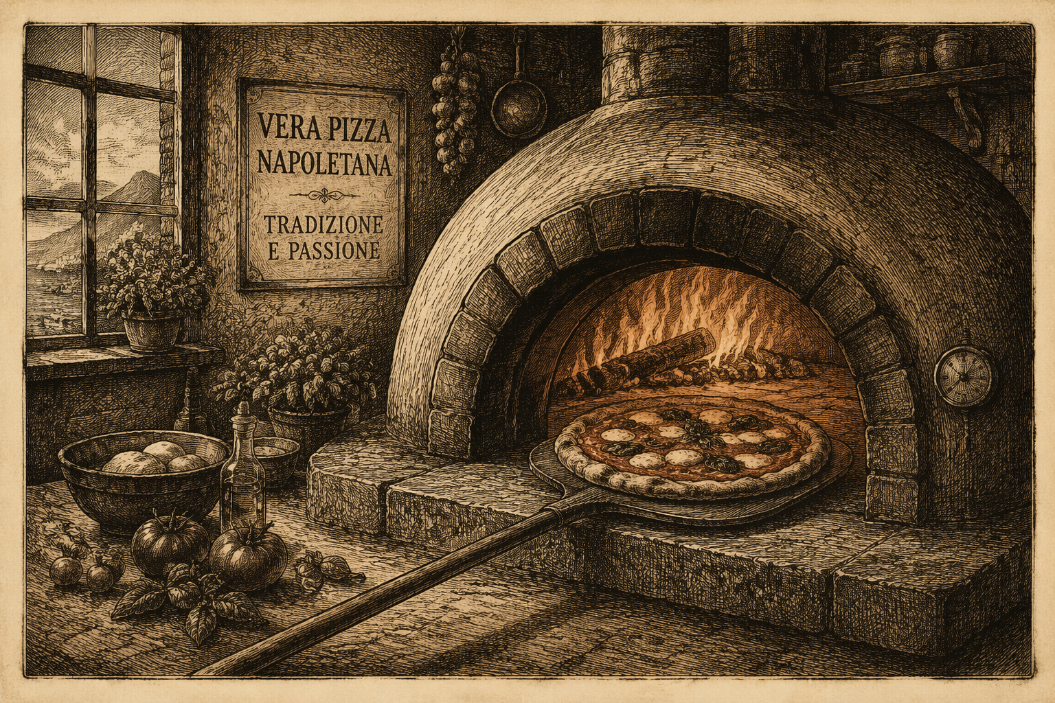 Paistuva pizza puulämmitteisessä uunissa Paistuva pizza puulämmitteisessä uunissa