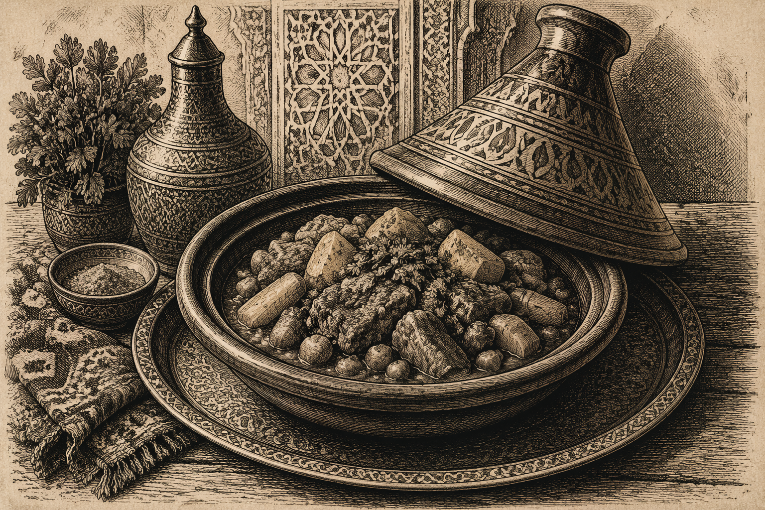Perinteinen marokkolainen tagine-pata tarjoiltuna pöydässä Perinteinen marokkolainen tagine-pata tarjoiltuna pöydässä