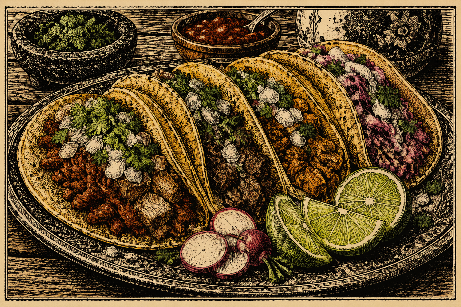 Värikkäitä meksikolaisia tacoja tarjoiltuna puisella alustalla