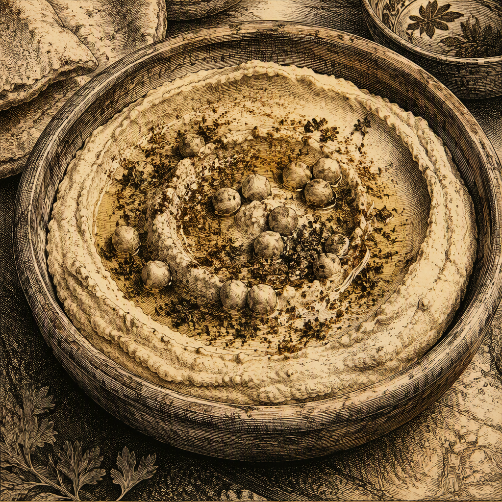 Kermainen hummus oliiviöljyllä koristeltuna savikulhossa Kermainen hummus oliiviöljyllä koristeltuna savikulhossa