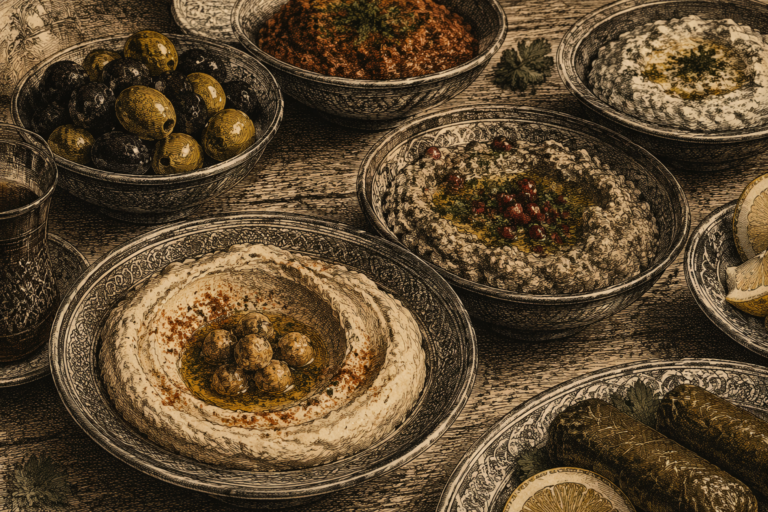 Valikoima värikkäitä turkkilaisia meze-alkupaloja puupöydällä Valikoima värikkäitä turkkilaisia meze-alkupaloja puupöydällä