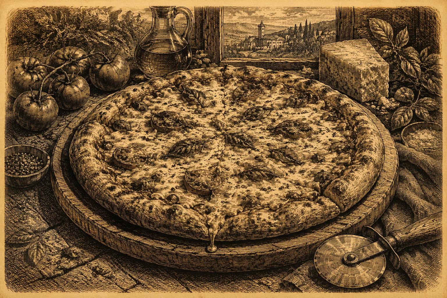 Tuore pizza puisella pöydällä