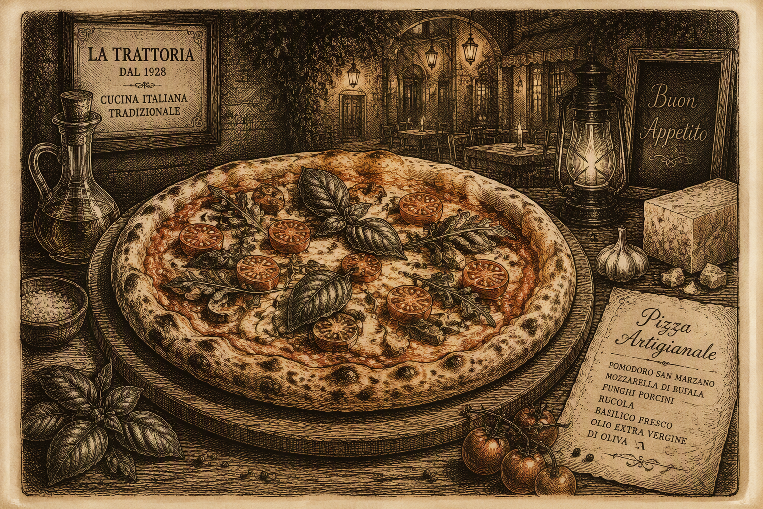 Herkullinen pizza puutarjottimella ravintolassa Herkullinen pizza puutarjottimella ravintolassa