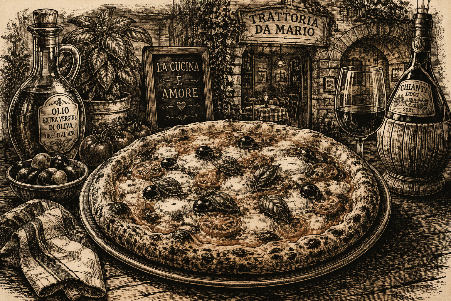 Herkullinen pizza puupöydällä ravintolassa Herkullinen pizza puupöydällä ravintolassa