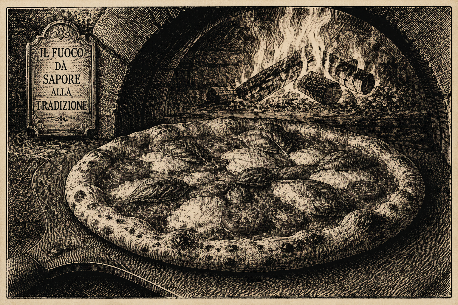 Puulämmitteisessä uunissa paistuva tuore pizza Puulämmitteisessä uunissa paistuva tuore pizza