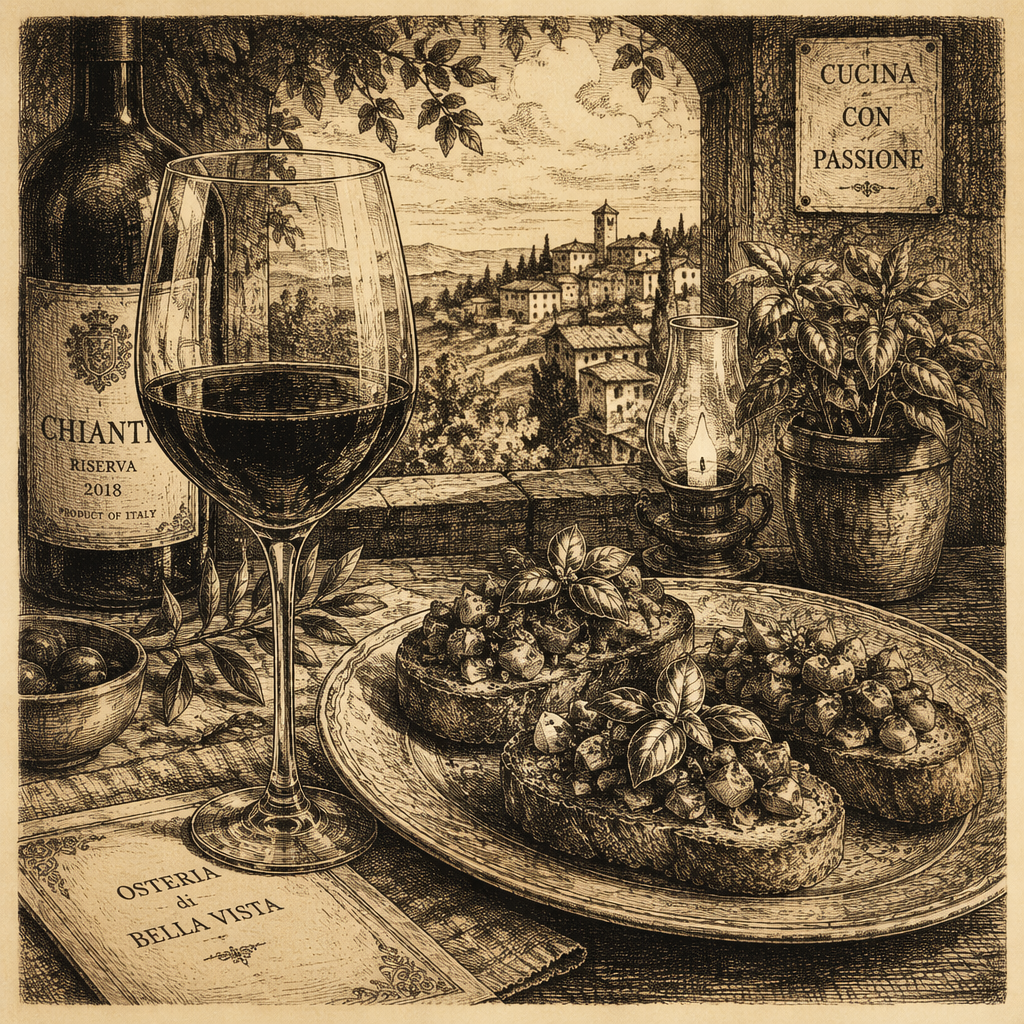 Viinilasi ja bruschetta tarjoiltuna pöydässä Viinilasi ja bruschetta tarjoiltuna pöydässä