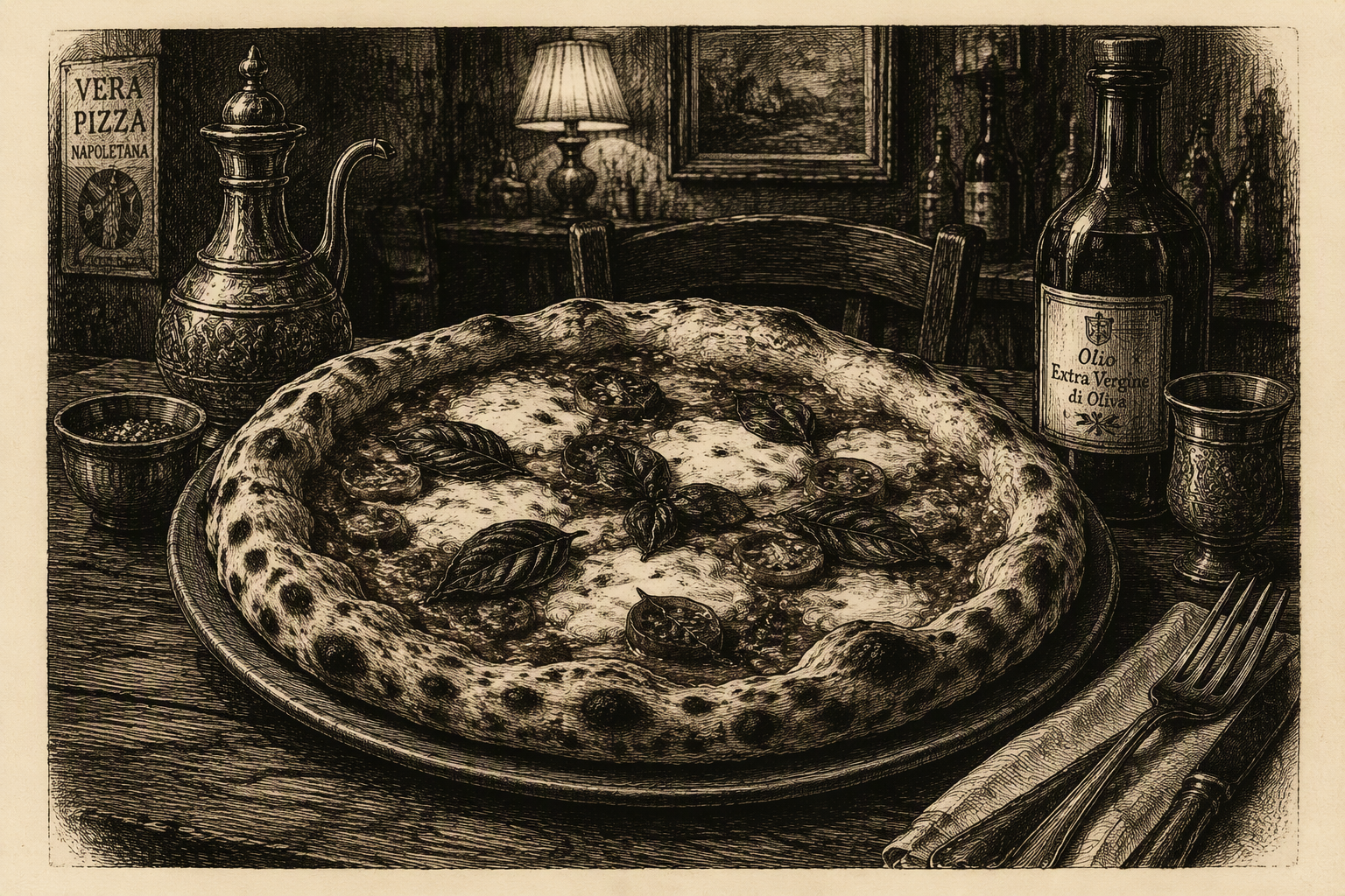Tuore pizza ravintolapöydässä Tuore pizza ravintolapöydässä