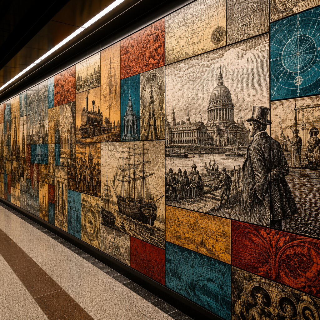 Taiteellinen mosaiikkiseinä metroasemalla, jossa on historiallisia teemoja Taiteellinen mosaiikkiseinä metroasemalla, jossa on historiallisia teemoja