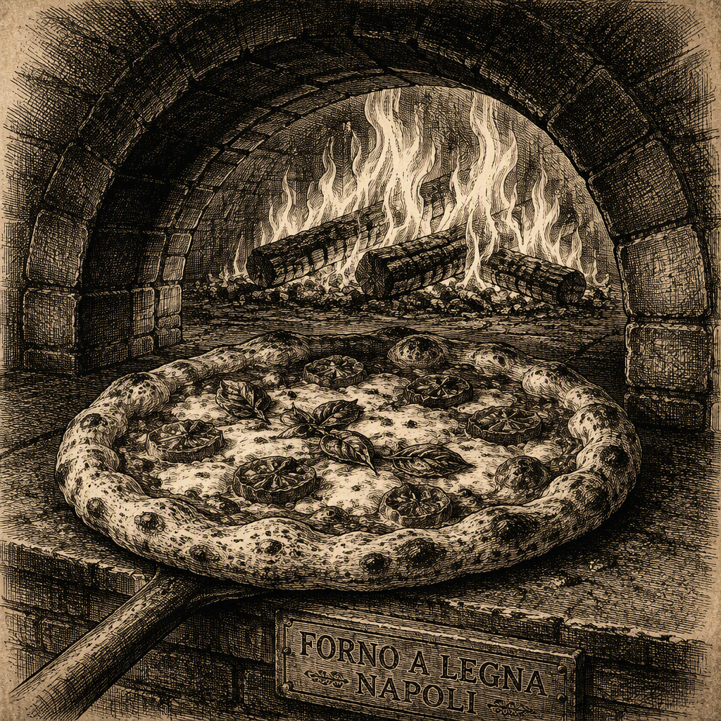 Pizza paistumassa kiviuunin avotulessa Pizza paistumassa kiviuunin avotulessa