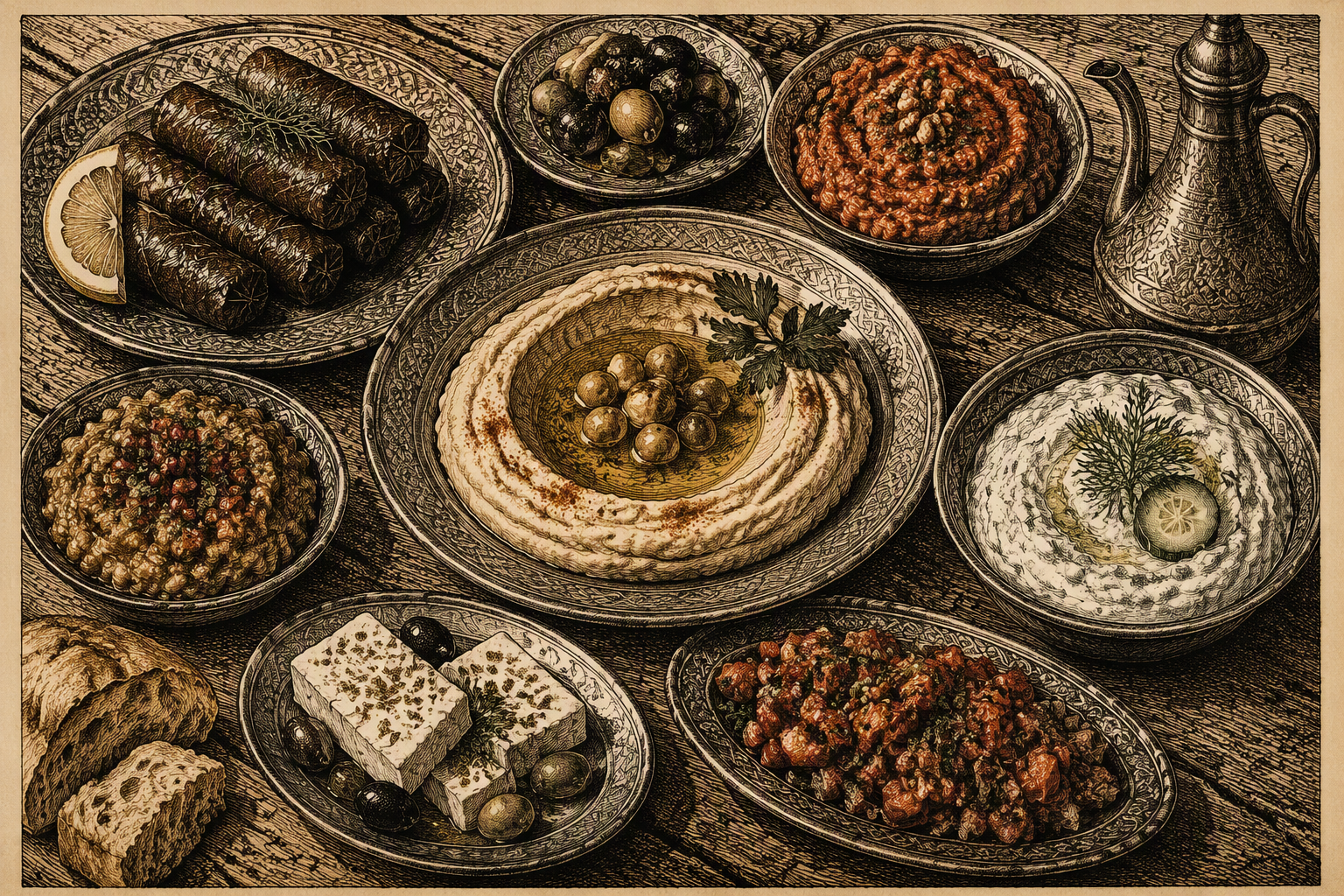 Turkkilaisia meze-alkupaloja puupöydällä Turkkilaisia meze-alkupaloja puupöydällä
