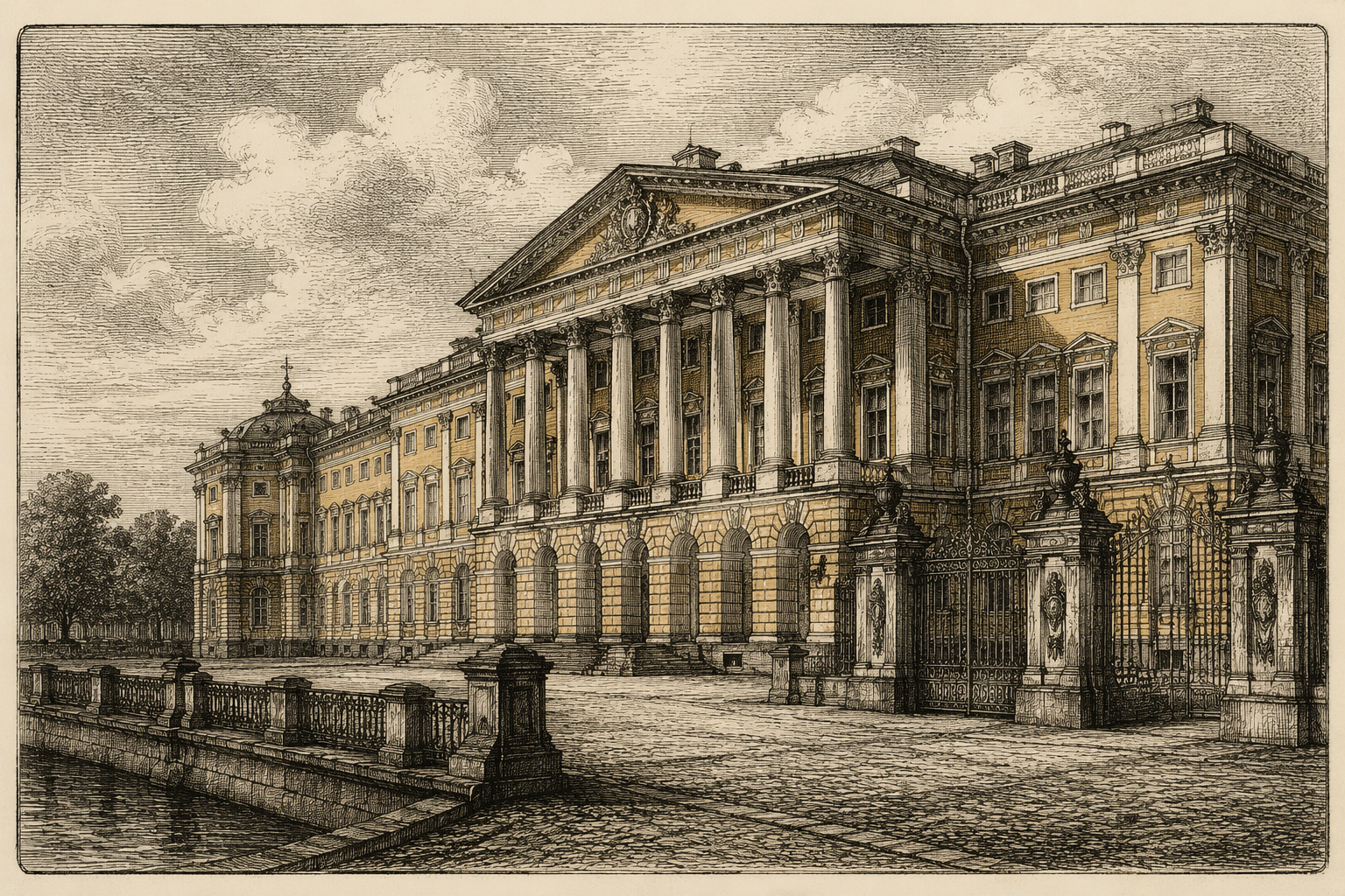 Mihailovskin palatsin juhlava julkisivu ja arkkitehtuuri