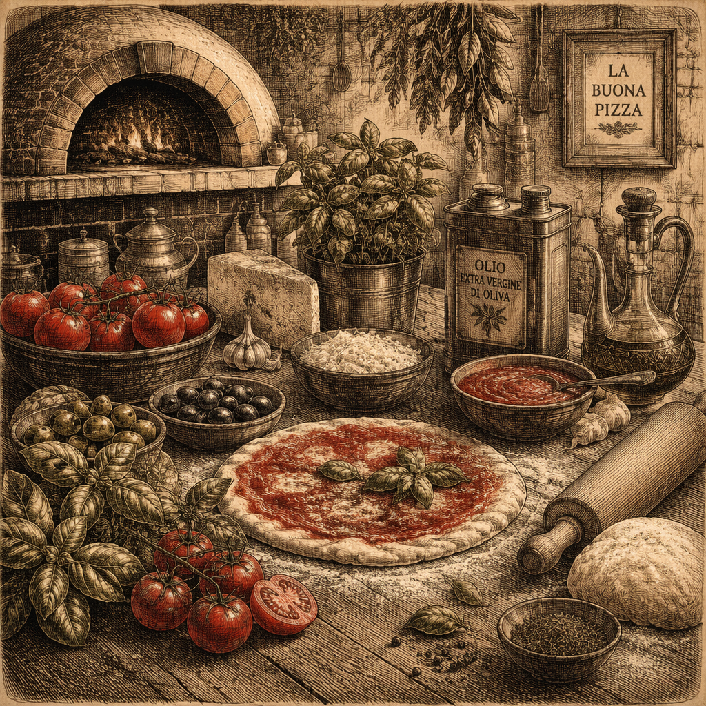 Tuoreita raaka-aineita pizzan valmistukseen Tuoreita raaka-aineita pizzan valmistukseen